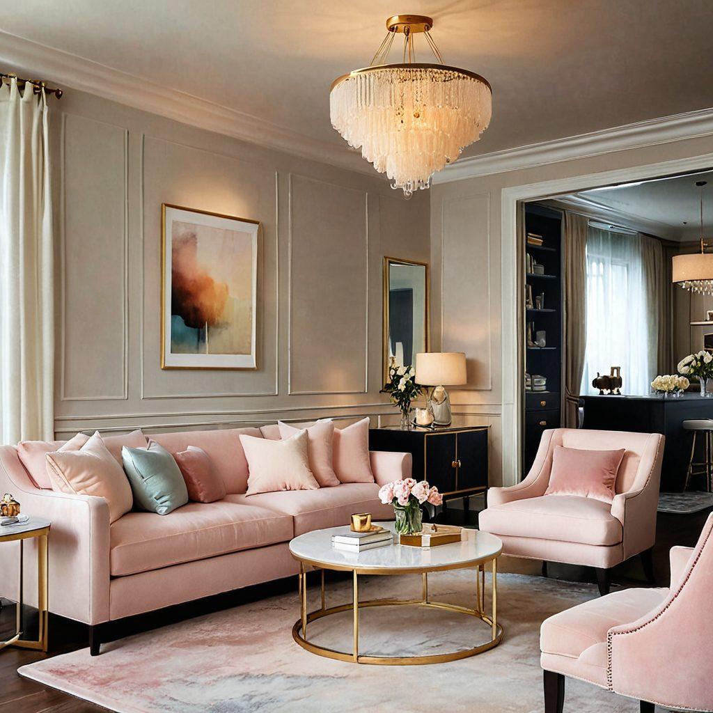 A cozy and elegant living room adorned with soft pastel colors, featuring a stylish martini glass light fixture casting warm, ambient lighting. Include plush furniture, elegant decor, and subtle reflections of the light on the walls. Capture the inviting atmosphere that embodies sophistication and comfort. super-realistic. warm tones. subtle shadows.