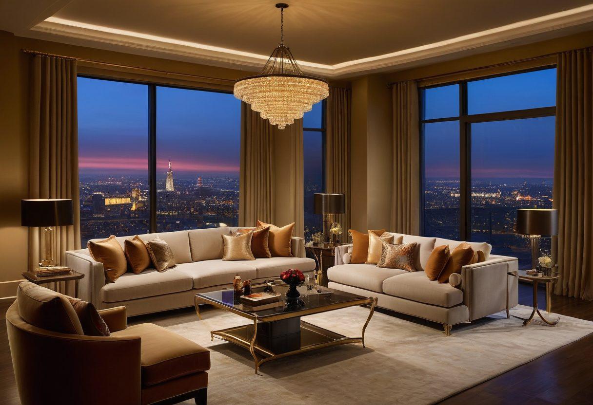 A luxurious living room adorned with elegant martini-style lighting fixtures, casting a warm and inviting glow. Soft, plush furniture in rich colors complements the golden hues of the lights, while tasteful art pieces decorate the walls. A chic bar cart with martini glasses and cocktail ingredients adds a touch of sophistication, with dimly lit ambiance perfect for relaxation. The room is framed by large windows revealing a twilight cityscape. super-realistic. warm colors. elegant atmosphere.