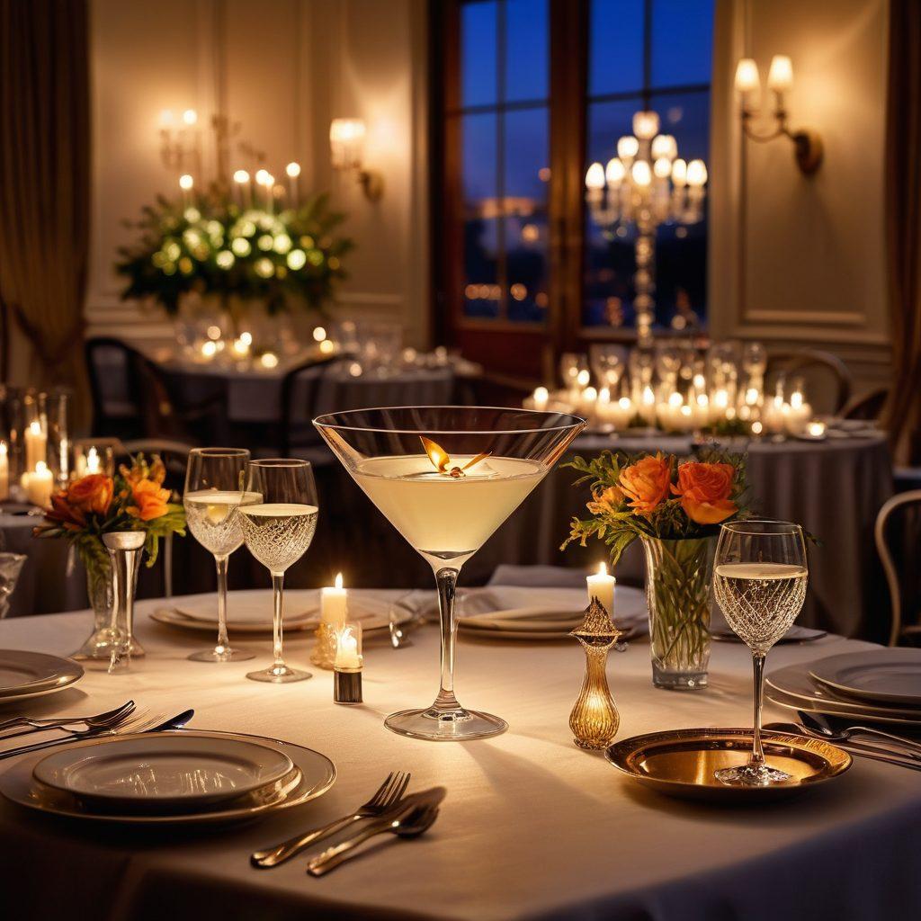 A sophisticated cocktail scene featuring a beautifully lit martini glass surrounded by softly glowing candles, elegant table settings, and a festive atmosphere. Include subtle hints of sparkling lights in the background, and soft shadows to enhance the ambiance. Show people joyfully mingling, creating a warm, inviting atmosphere perfect for events. super-realistic. vibrant colors. elegant styling.